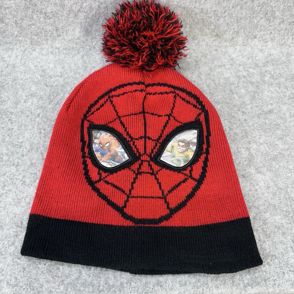 Spiderman Knit Cap Beanie Pom Hat Marvel Reflective Eyes Spider Symbol Red Black